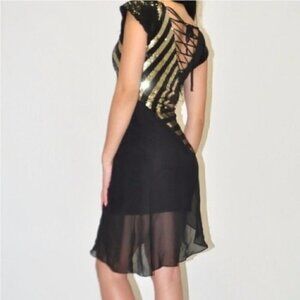 Bebe Dress S NWT Sequin Asymmetrical Sheer Lace Up Holiday New Years Gold